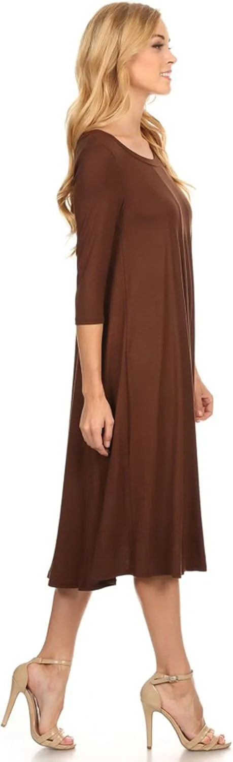 HEO CLOTHING Women's Relaxed Fit 3/4 Sleeve Round Neck Jersey Knit A-Line Solid Maxi Dress