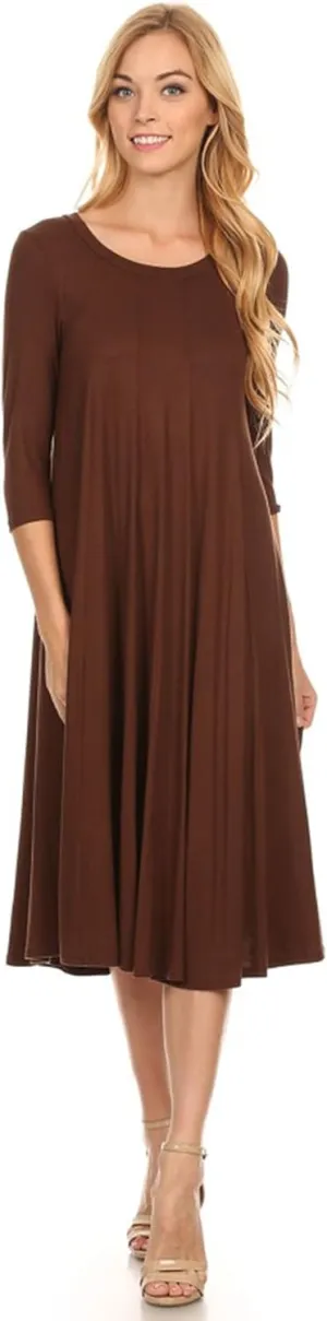 HEO CLOTHING Women's Relaxed Fit 3/4 Sleeve Round Neck Jersey Knit A-Line Solid Maxi Dress