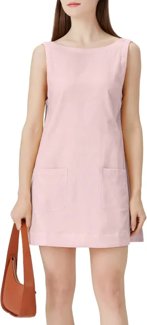 hibshaby Women's Summer Cotton Linen Round Neck Short Dress Sleeveless Mini Dress Casual A Line Slim Tank Dress Sundress