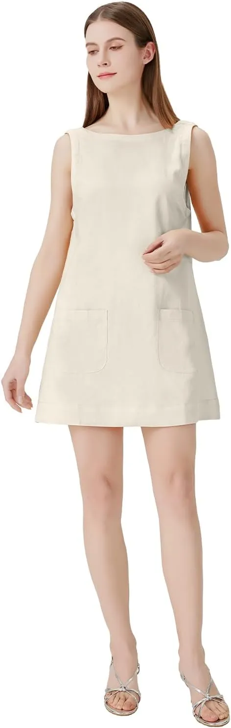 hibshaby Women's Summer Cotton Linen Round Neck Short Dress Sleeveless Mini Dress Casual A Line Slim Tank Dress Sundress