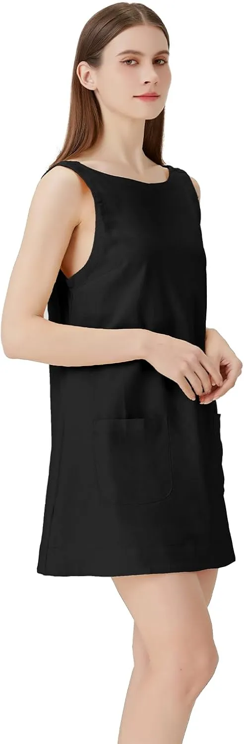 hibshaby Women's Summer Cotton Linen Round Neck Short Dress Sleeveless Mini Dress Casual A Line Slim Tank Dress Sundress