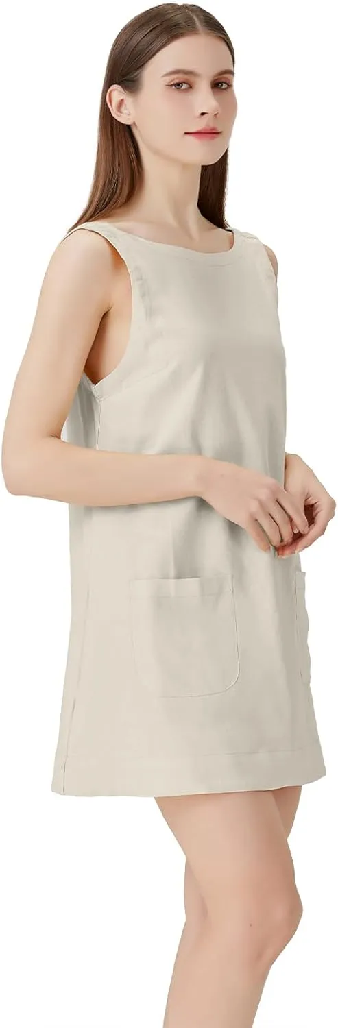 hibshaby Women's Summer Cotton Linen Round Neck Short Dress Sleeveless Mini Dress Casual A Line Slim Tank Dress Sundress