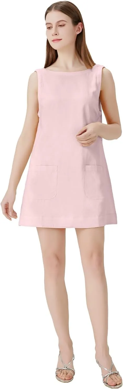 hibshaby Women's Summer Cotton Linen Round Neck Short Dress Sleeveless Mini Dress Casual A Line Slim Tank Dress Sundress