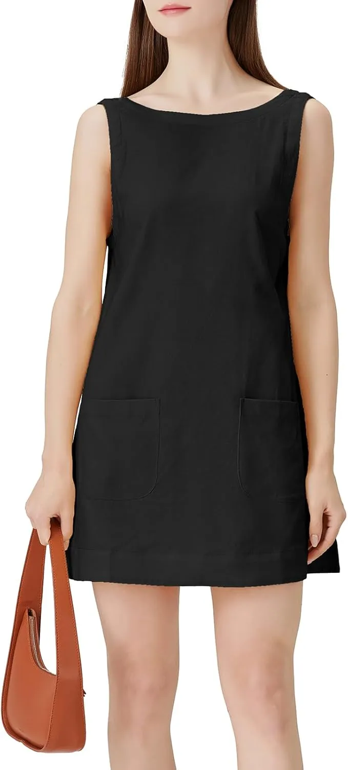hibshaby Women's Summer Cotton Linen Round Neck Short Dress Sleeveless Mini Dress Casual A Line Slim Tank Dress Sundress
