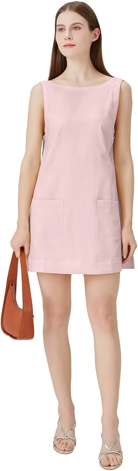 hibshaby Women's Summer Cotton Linen Round Neck Short Dress Sleeveless Mini Dress Casual A Line Slim Tank Dress Sundress
