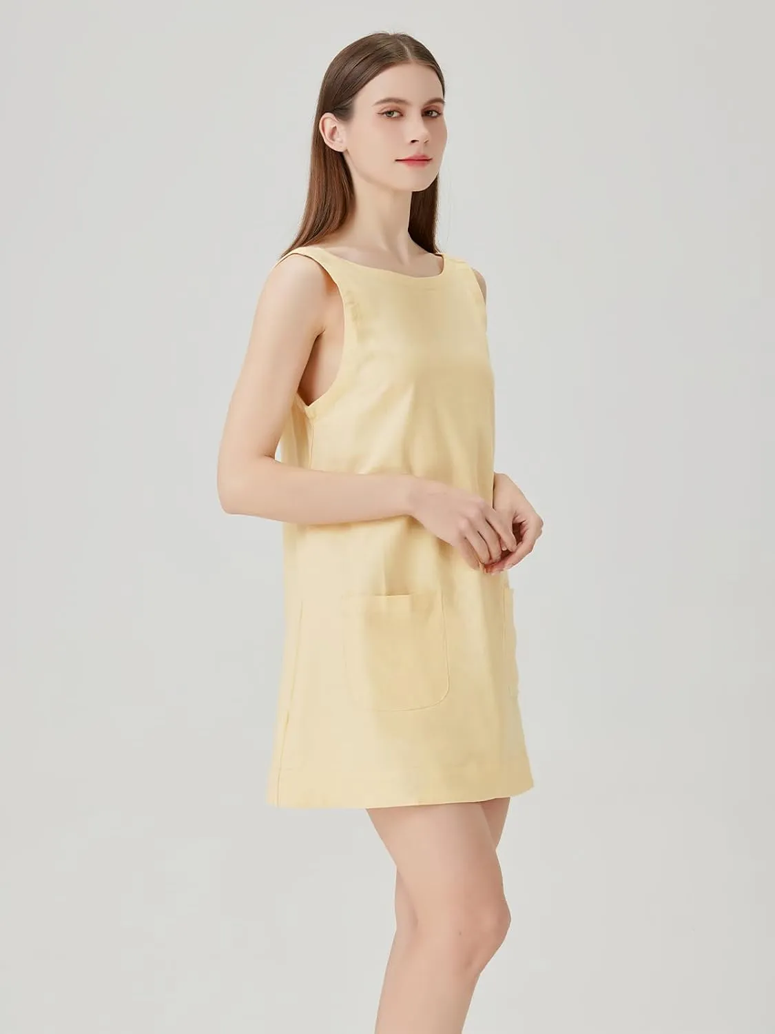 hibshaby Women's Summer Cotton Linen Round Neck Short Dress Sleeveless Mini Dress Casual A Line Slim Tank Dress Sundress