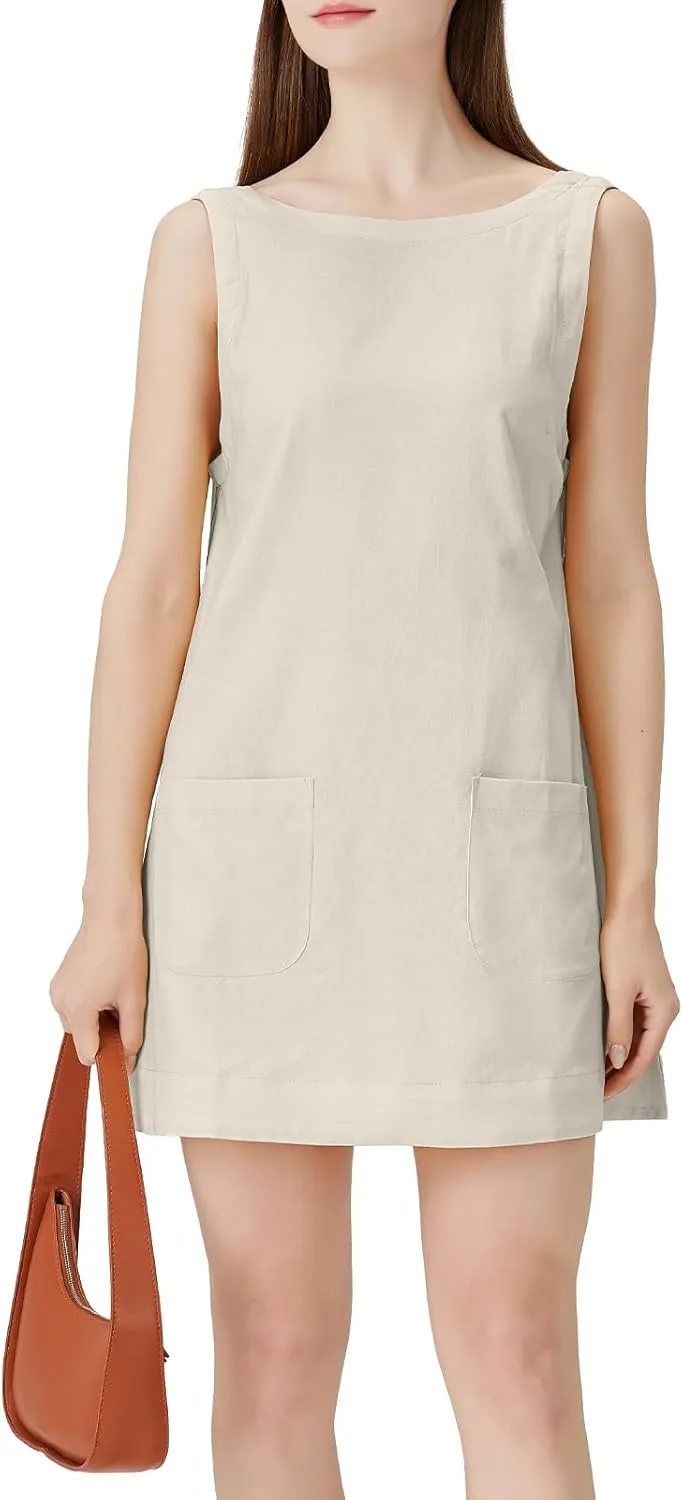 hibshaby Women's Summer Cotton Linen Round Neck Short Dress Sleeveless Mini Dress Casual A Line Slim Tank Dress Sundress