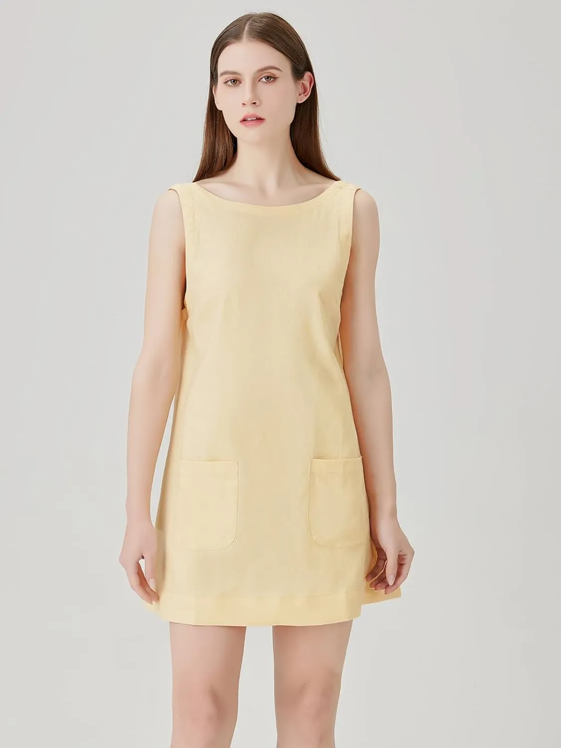 hibshaby Women's Summer Cotton Linen Round Neck Short Dress Sleeveless Mini Dress Casual A Line Slim Tank Dress Sundress
