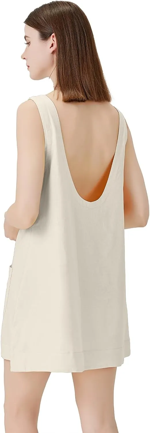 hibshaby Women's Summer Cotton Linen Round Neck Short Dress Sleeveless Mini Dress Casual A Line Slim Tank Dress Sundress