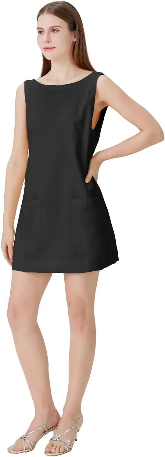 hibshaby Women's Summer Cotton Linen Round Neck Short Dress Sleeveless Mini Dress Casual A Line Slim Tank Dress Sundress