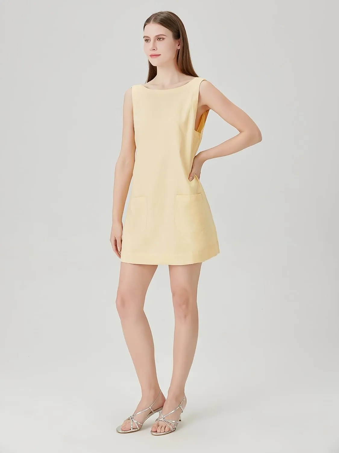 hibshaby Women's Summer Cotton Linen Round Neck Short Dress Sleeveless Mini Dress Casual A Line Slim Tank Dress Sundress