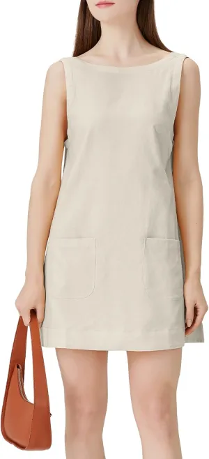hibshaby Women's Summer Cotton Linen Round Neck Short Dress Sleeveless Mini Dress Casual A Line Slim Tank Dress Sundress