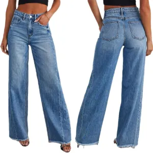 High Waisted Raw Hem Womens Wide Leg Denim Jeans