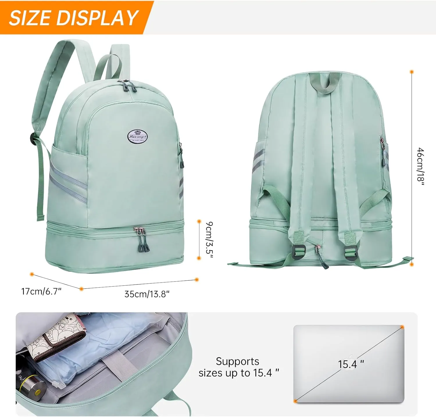 HUA ANGEL Waterproof Carry on Backpack for Men & Women Lightweight Laptop Travel Backpack with Shoe Compartment for Sports