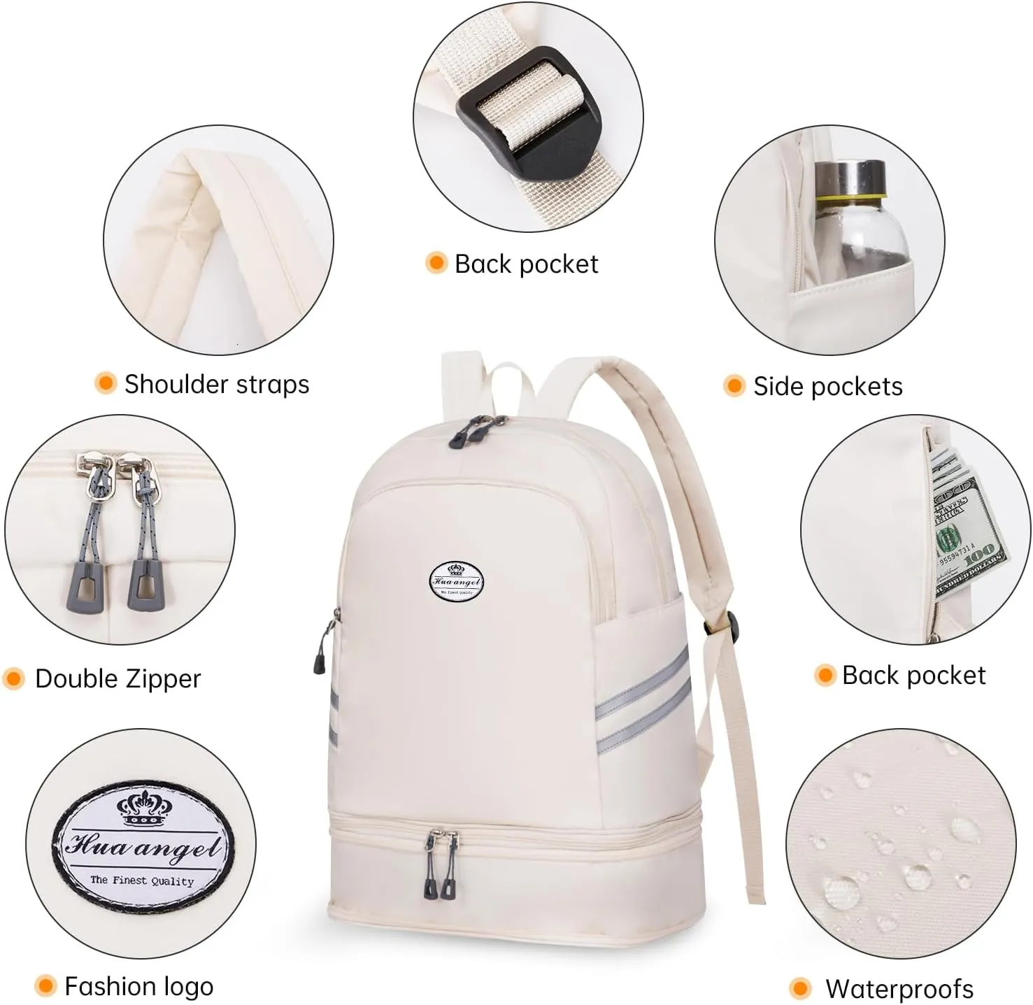 HUA ANGEL Waterproof Carry on Backpack for Men & Women Lightweight Laptop Travel Backpack with Shoe Compartment for Sports