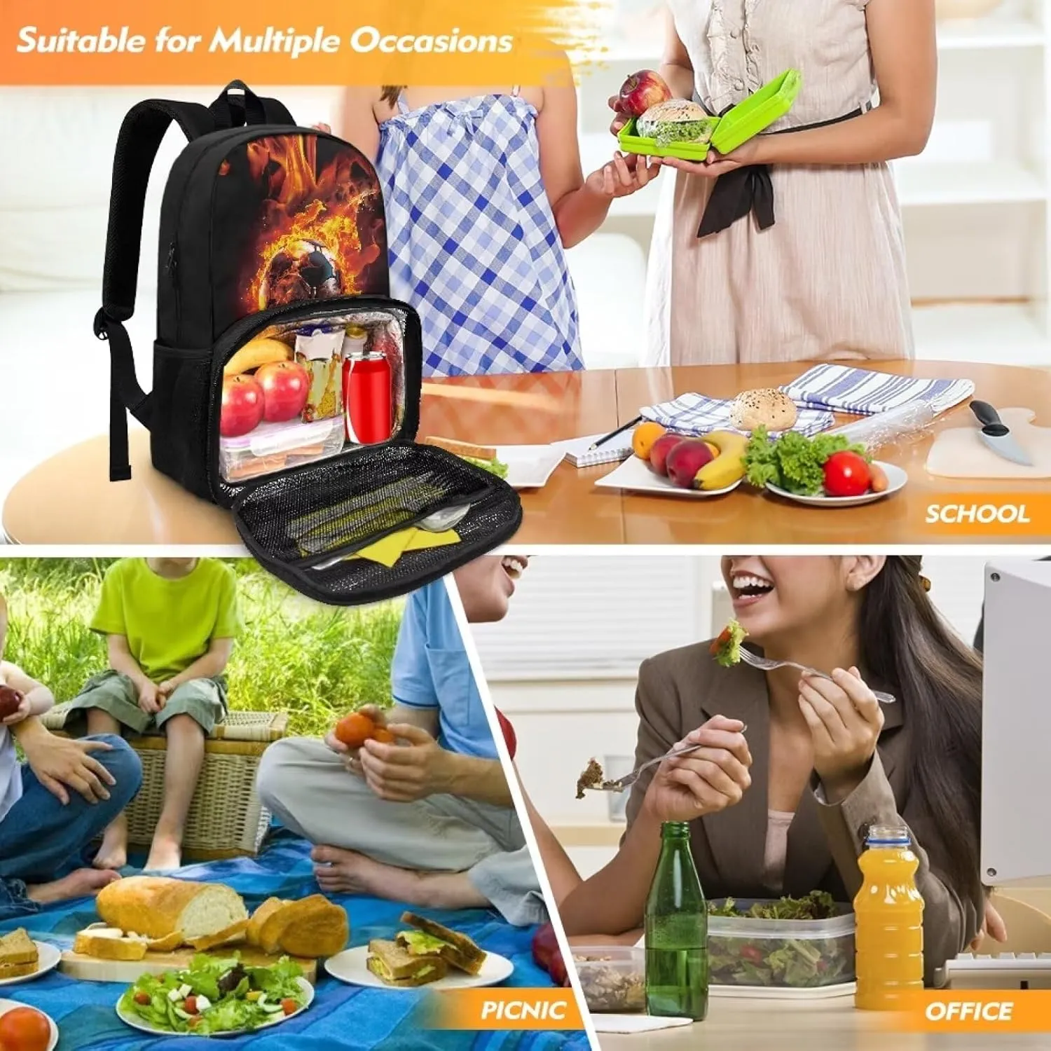 Insulated Cooler Backpack with Fire and Football Lightweight Soft Lunch Backpack Small Cooler Warmer Bag Beach Picnic School Back to School Supplies