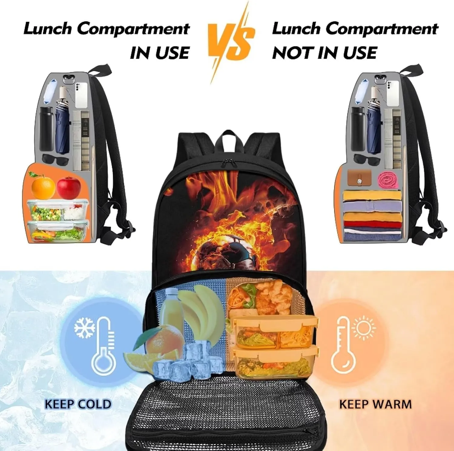 Insulated Cooler Backpack with Fire and Football Lightweight Soft Lunch Backpack Small Cooler Warmer Bag Beach Picnic School Back to School Supplies
