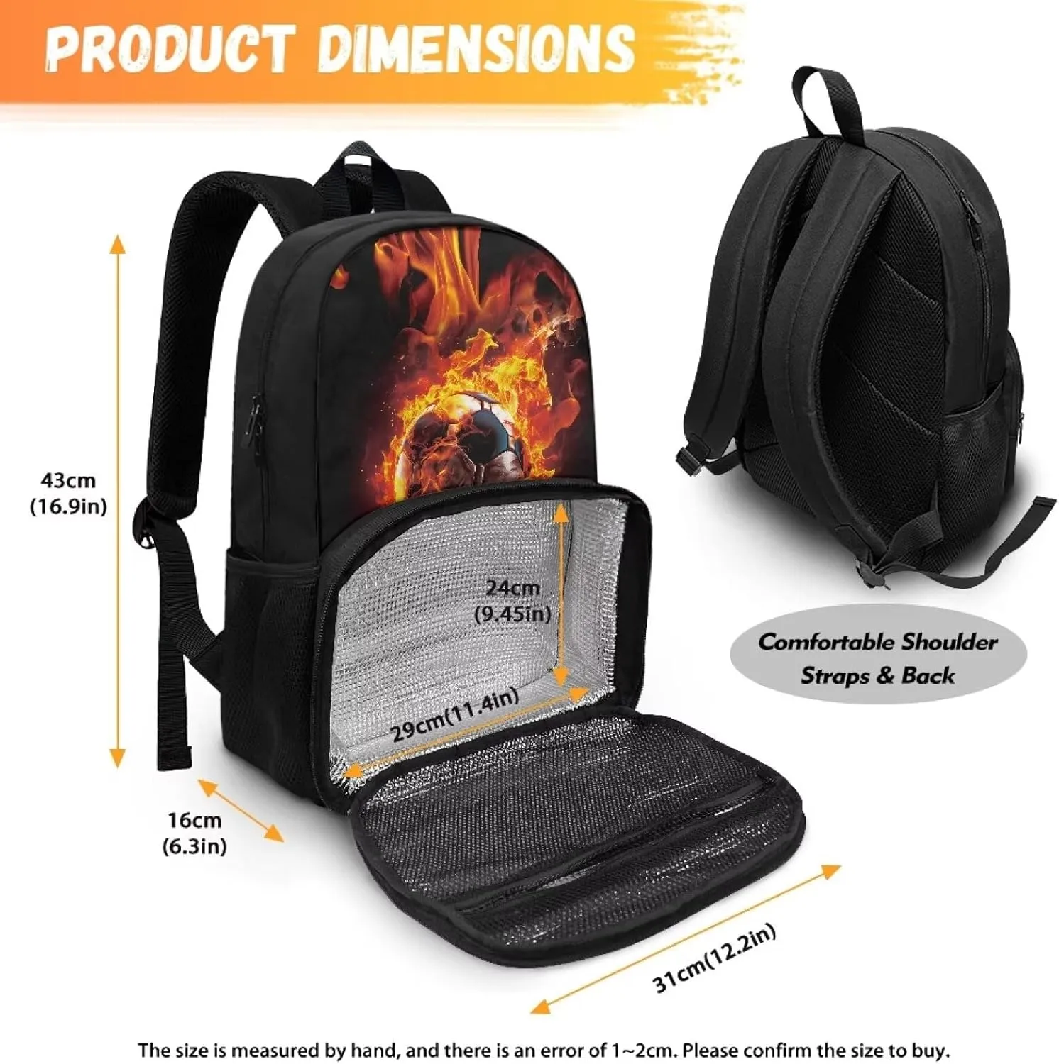 Insulated Cooler Backpack with Fire and Football Lightweight Soft Lunch Backpack Small Cooler Warmer Bag Beach Picnic School Back to School Supplies