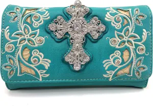 Justin West Rhinestone Cross Floral Embroidery Laser Cut Wristlet Trifold Wallet Attachable Long Strap