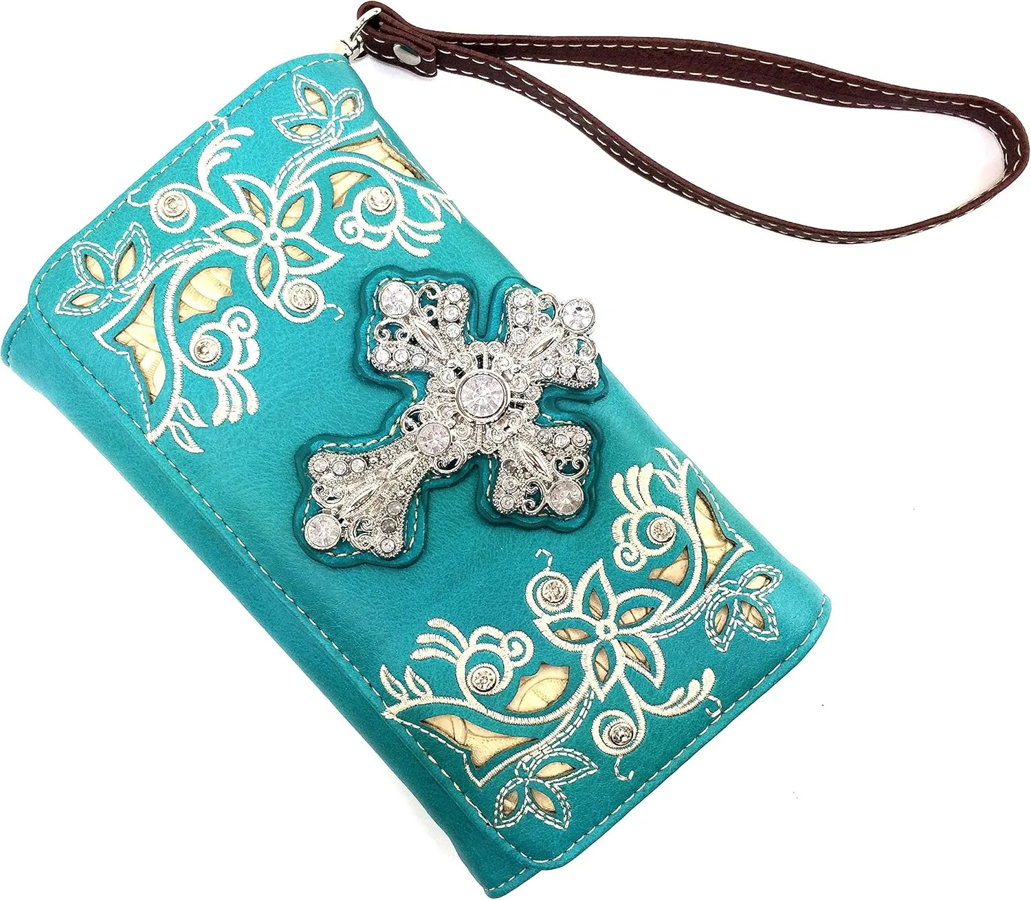 Justin West Rhinestone Cross Floral Embroidery Laser Cut Wristlet Trifold Wallet Attachable Long Strap