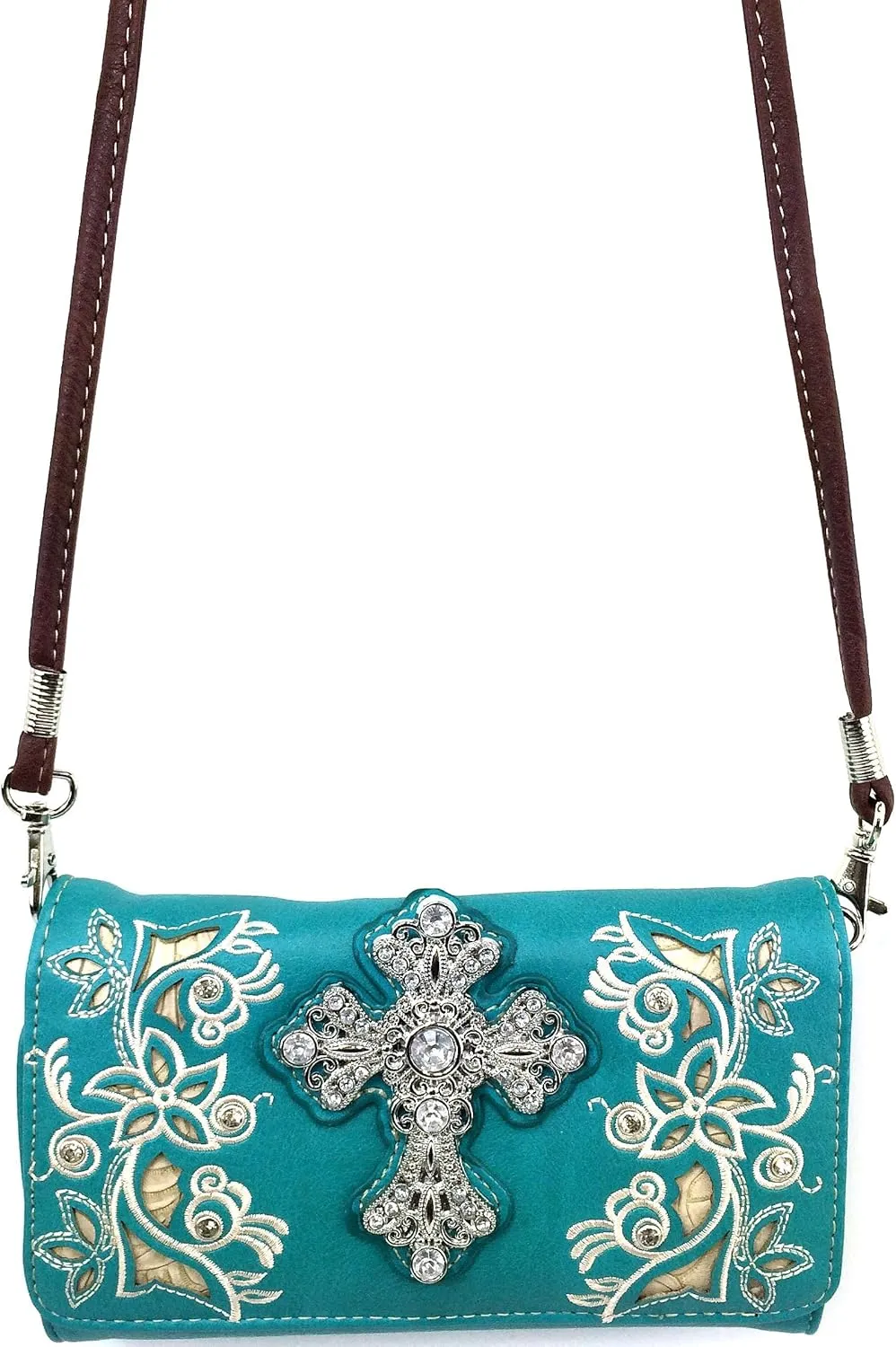 Justin West Rhinestone Cross Floral Embroidery Laser Cut Wristlet Trifold Wallet Attachable Long Strap