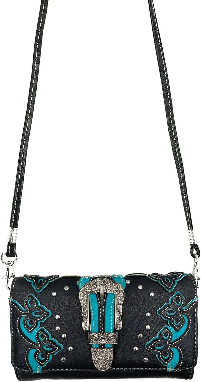 Justin West Western Studded Rhinestone Buckle Laser Cut Wristlet Trifold Wallet Attachable Long Strap