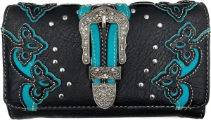 Justin West Western Studded Rhinestone Buckle Laser Cut Wristlet Trifold Wallet Attachable Long Strap