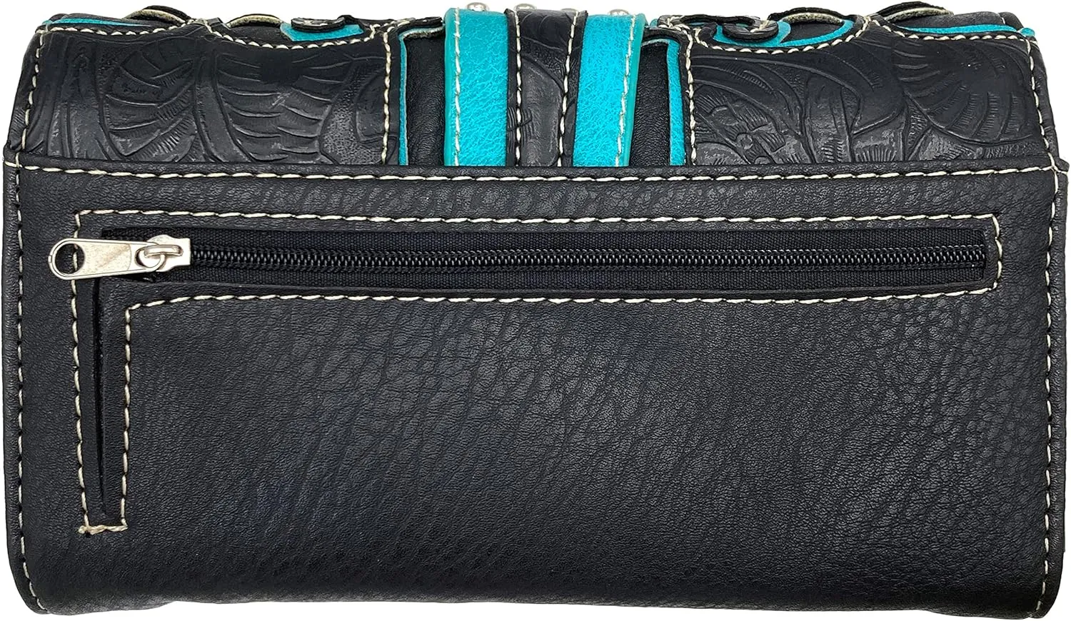 Justin West Western Studded Rhinestone Buckle Laser Cut Wristlet Trifold Wallet Attachable Long Strap