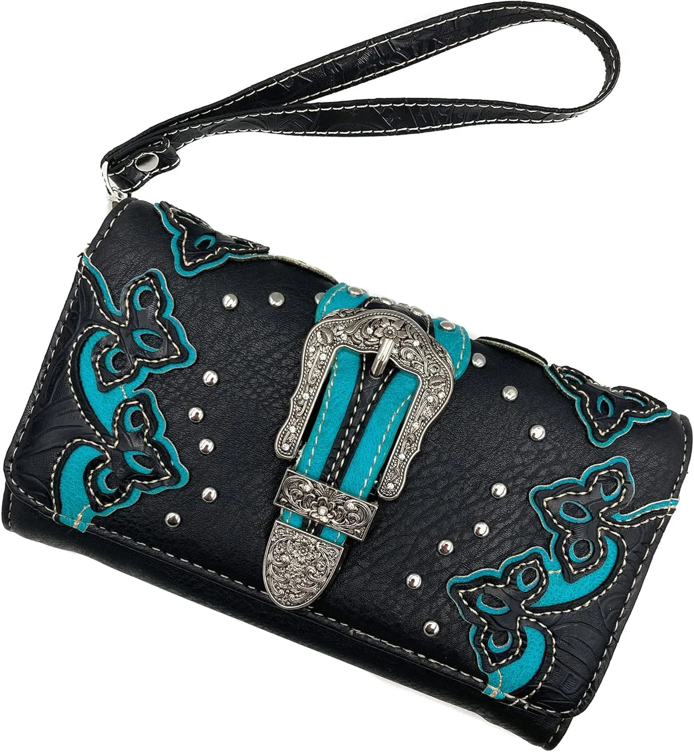 Justin West Western Studded Rhinestone Buckle Laser Cut Wristlet Trifold Wallet Attachable Long Strap