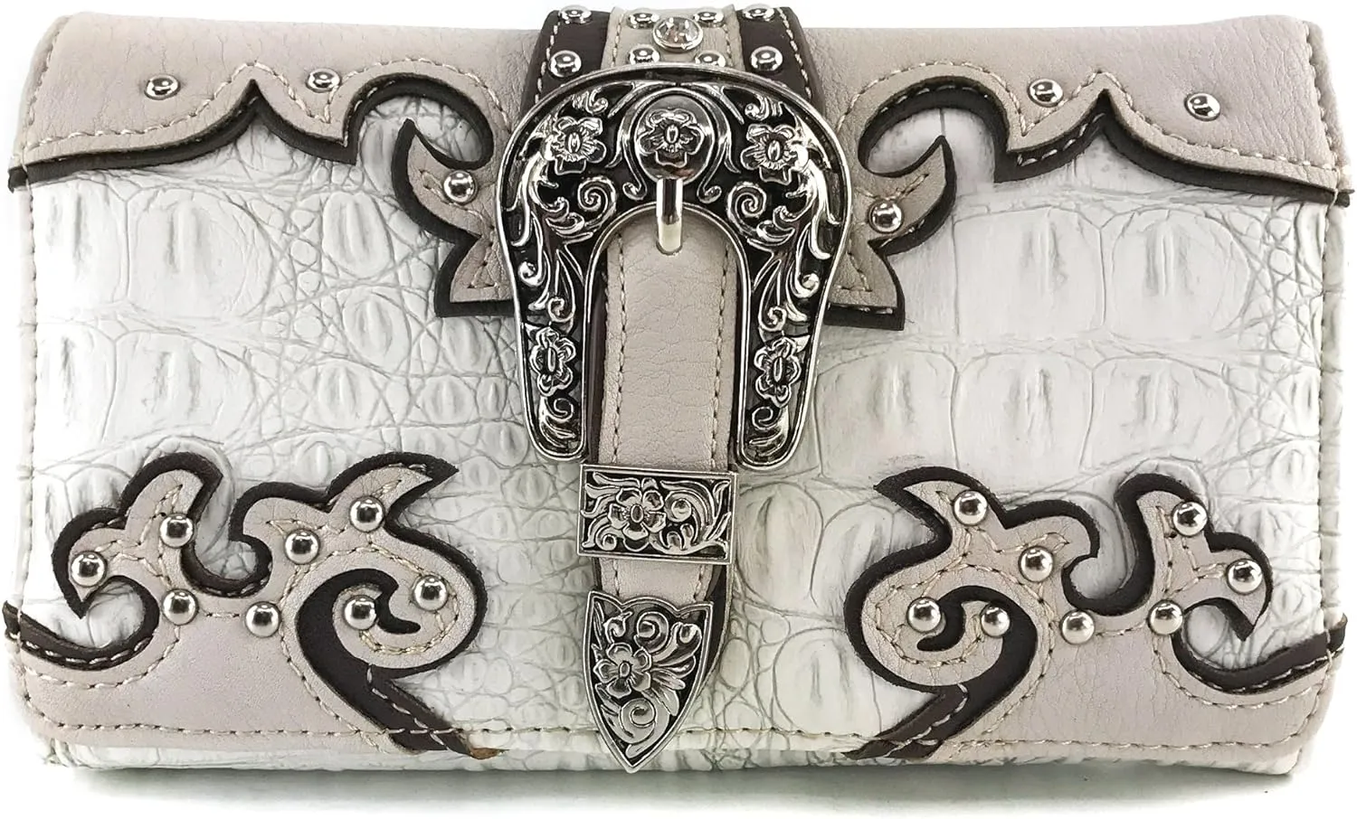 Justin West Western Tooled Croc Animal Faux Leather Silver Buckle Studded Wristlet Trifold Wallet Attachable Long Strap (Beige)