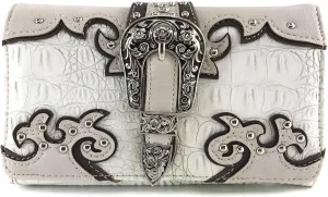 Justin West Western Tooled Croc Animal Faux Leather Silver Buckle Studded Wristlet Trifold Wallet Attachable Long Strap (Beige)