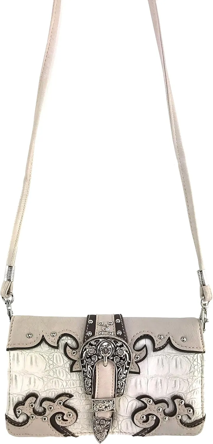 Justin West Western Tooled Croc Animal Faux Leather Silver Buckle Studded Wristlet Trifold Wallet Attachable Long Strap (Beige)