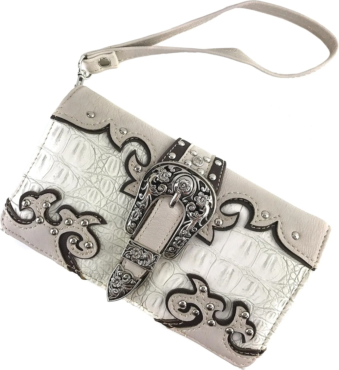 Justin West Western Tooled Croc Animal Faux Leather Silver Buckle Studded Wristlet Trifold Wallet Attachable Long Strap (Beige)
