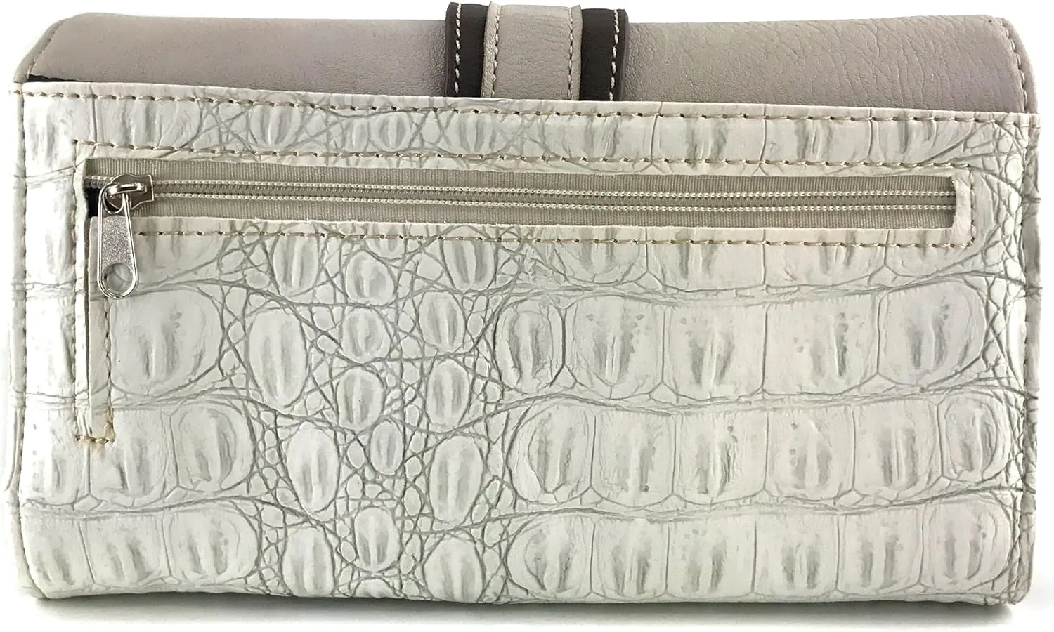 Justin West Western Tooled Croc Animal Faux Leather Silver Buckle Studded Wristlet Trifold Wallet Attachable Long Strap (Beige)