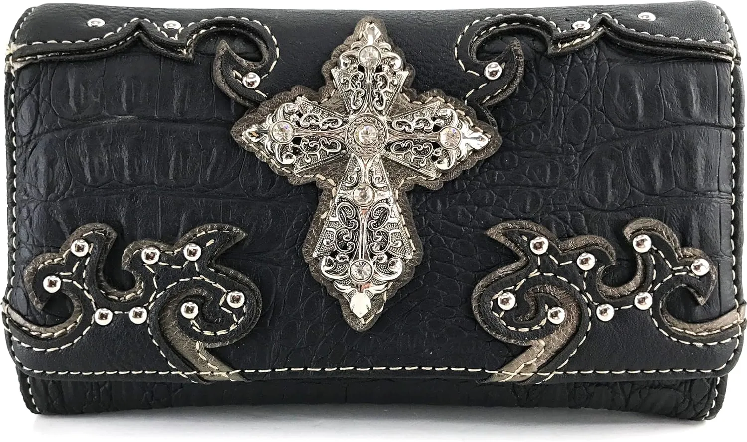 Justin West Western Tooled Croc Animal Faux Leather Silver Rhinestone Cross Studded Wristlet Trifold Wallet Attachable Long Strap (Black)