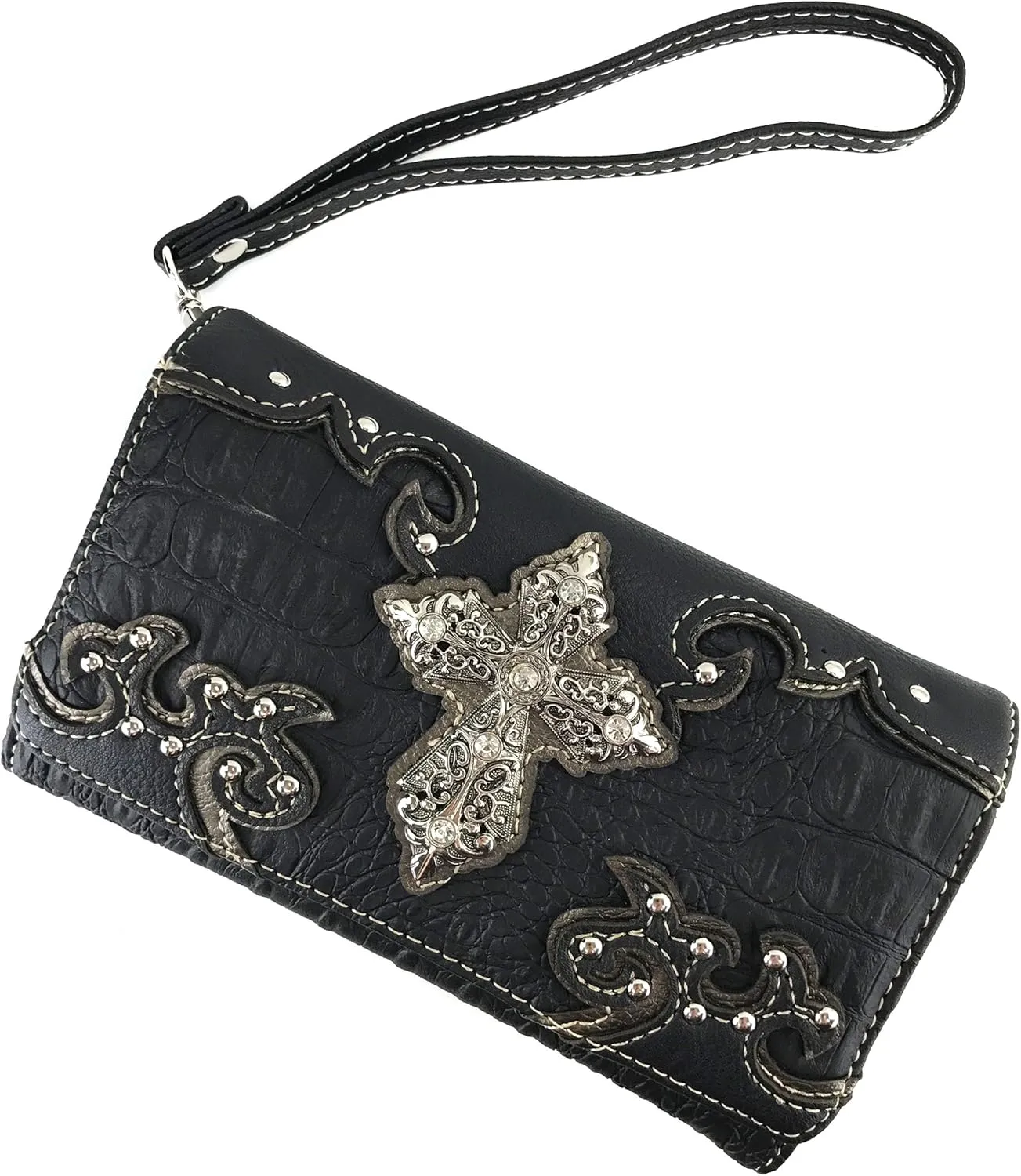 Justin West Western Tooled Croc Animal Faux Leather Silver Rhinestone Cross Studded Wristlet Trifold Wallet Attachable Long Strap (Black)