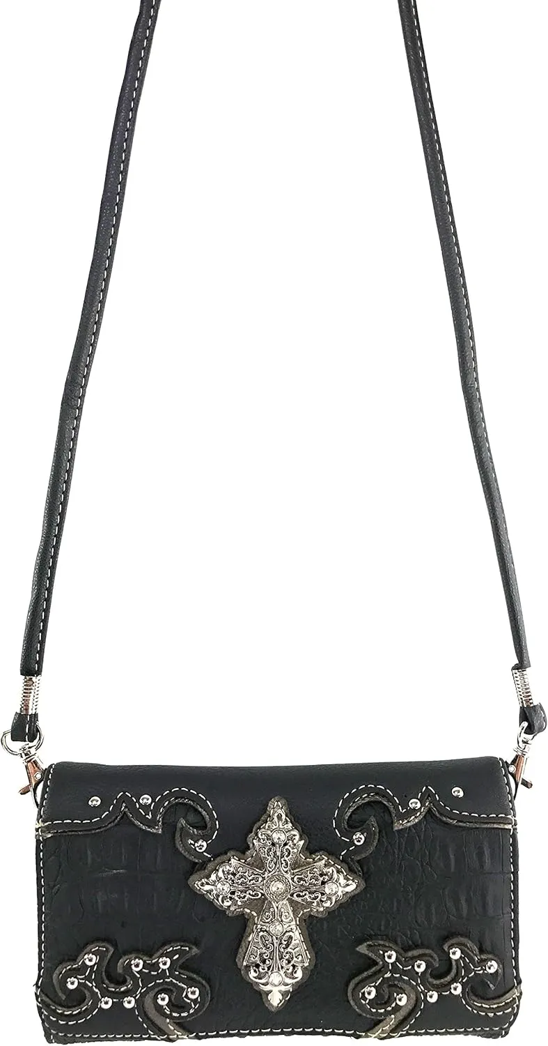 Justin West Western Tooled Croc Animal Faux Leather Silver Rhinestone Cross Studded Wristlet Trifold Wallet Attachable Long Strap (Black)