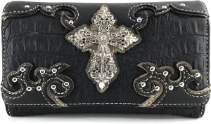 Justin West Western Tooled Croc Animal Faux Leather Silver Rhinestone Cross Studded Wristlet Trifold Wallet Attachable Long Strap (Black)