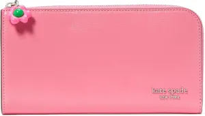 kate spade new york Devin Saffiano Leather W-Flower Zipper Puller Zip Around Continental Wallet, Ruby Citrus