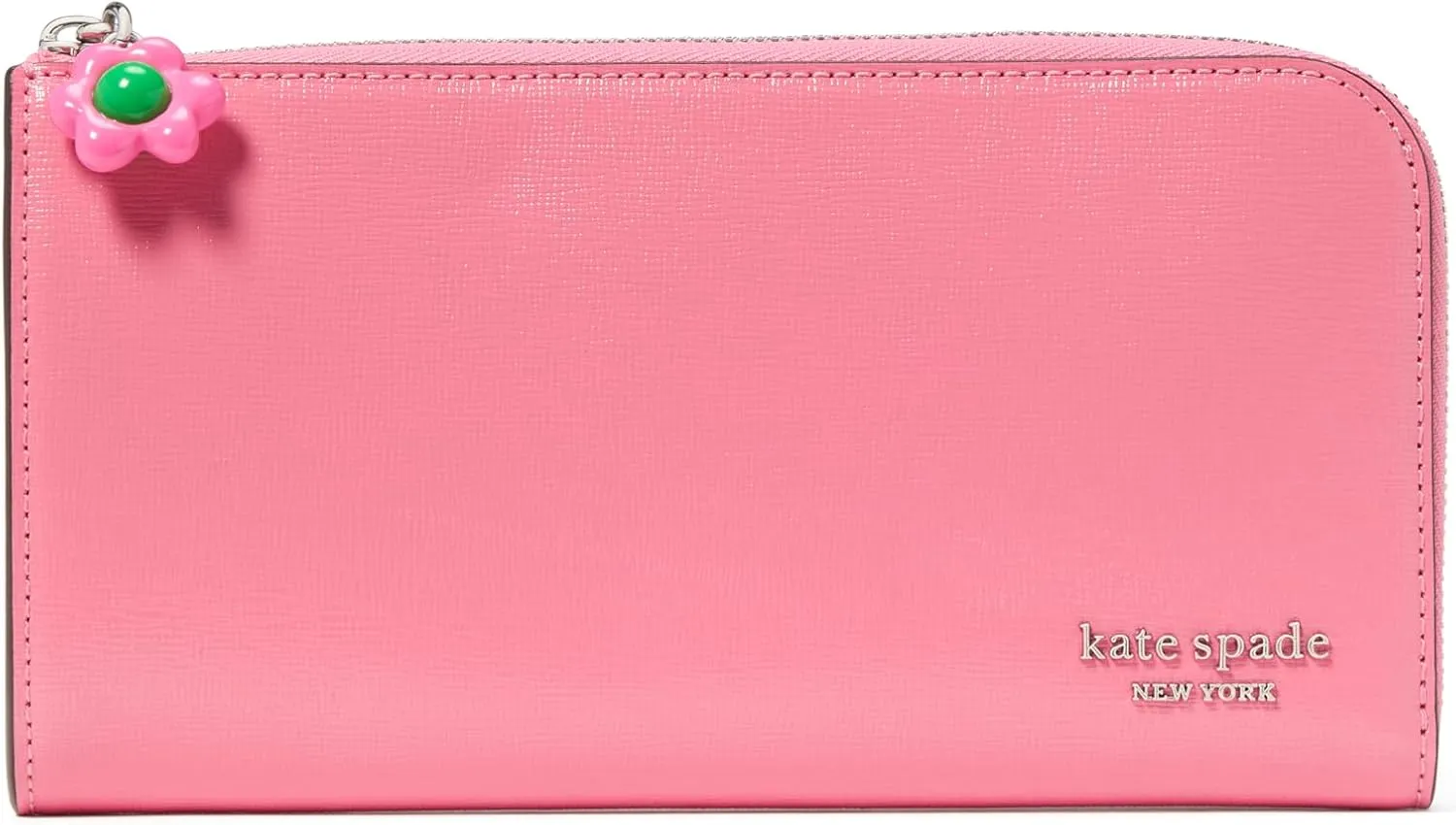kate spade new york Devin Saffiano Leather W-Flower Zipper Puller Zip Around Continental Wallet, Ruby Citrus