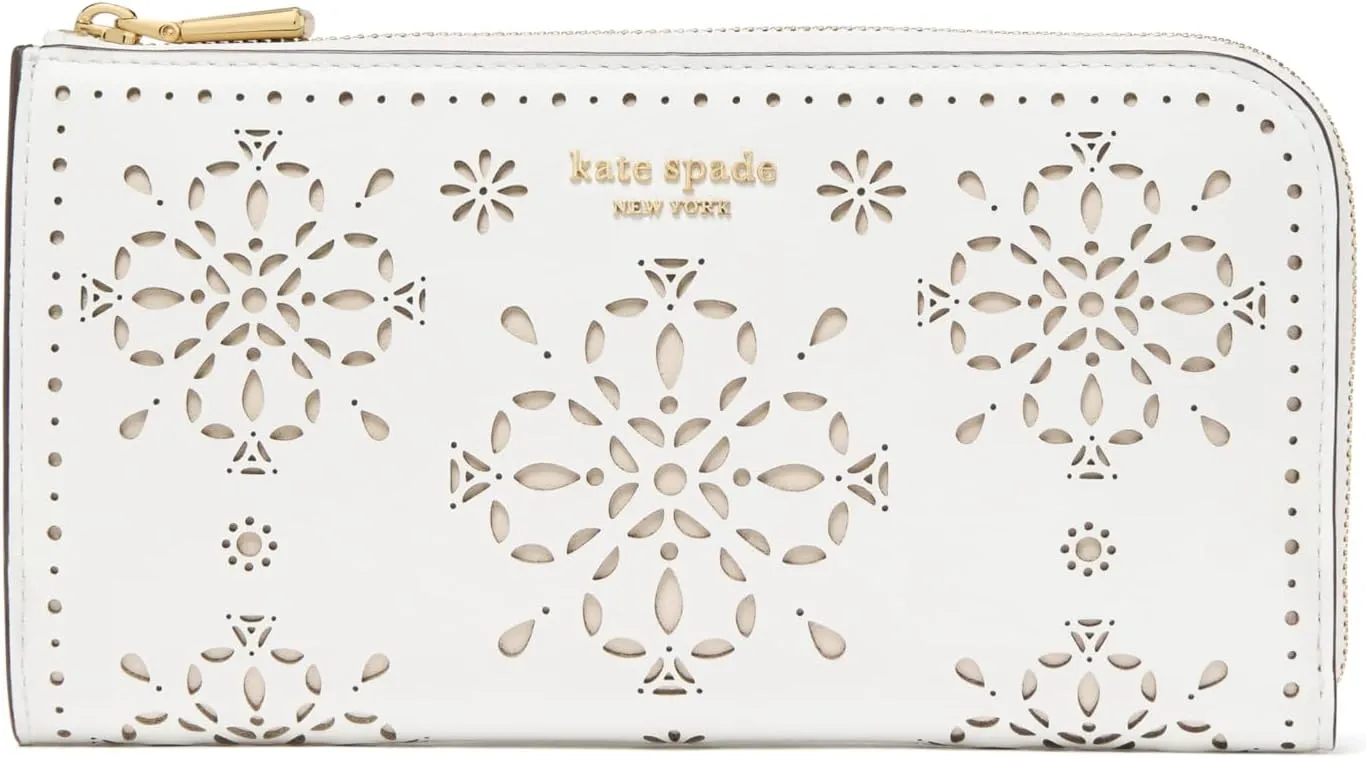 kate spade new york Devin Spade Flower Perforated FINE Grain Leather Zip Around Continental Wallet, True White