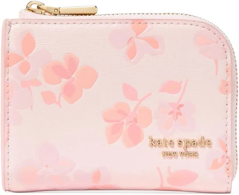 kate spade new york Devin Spring Pansies Embossed Saffiano Leather Zip Card case, Blush Cloud Multi