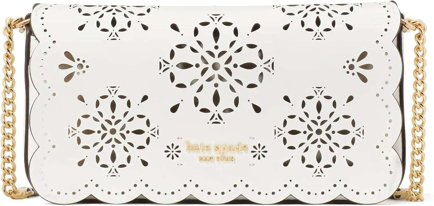 kate spade new york Serena Spade Flower Perforated FINE Grain Leather Flap Chain Wallet, True White