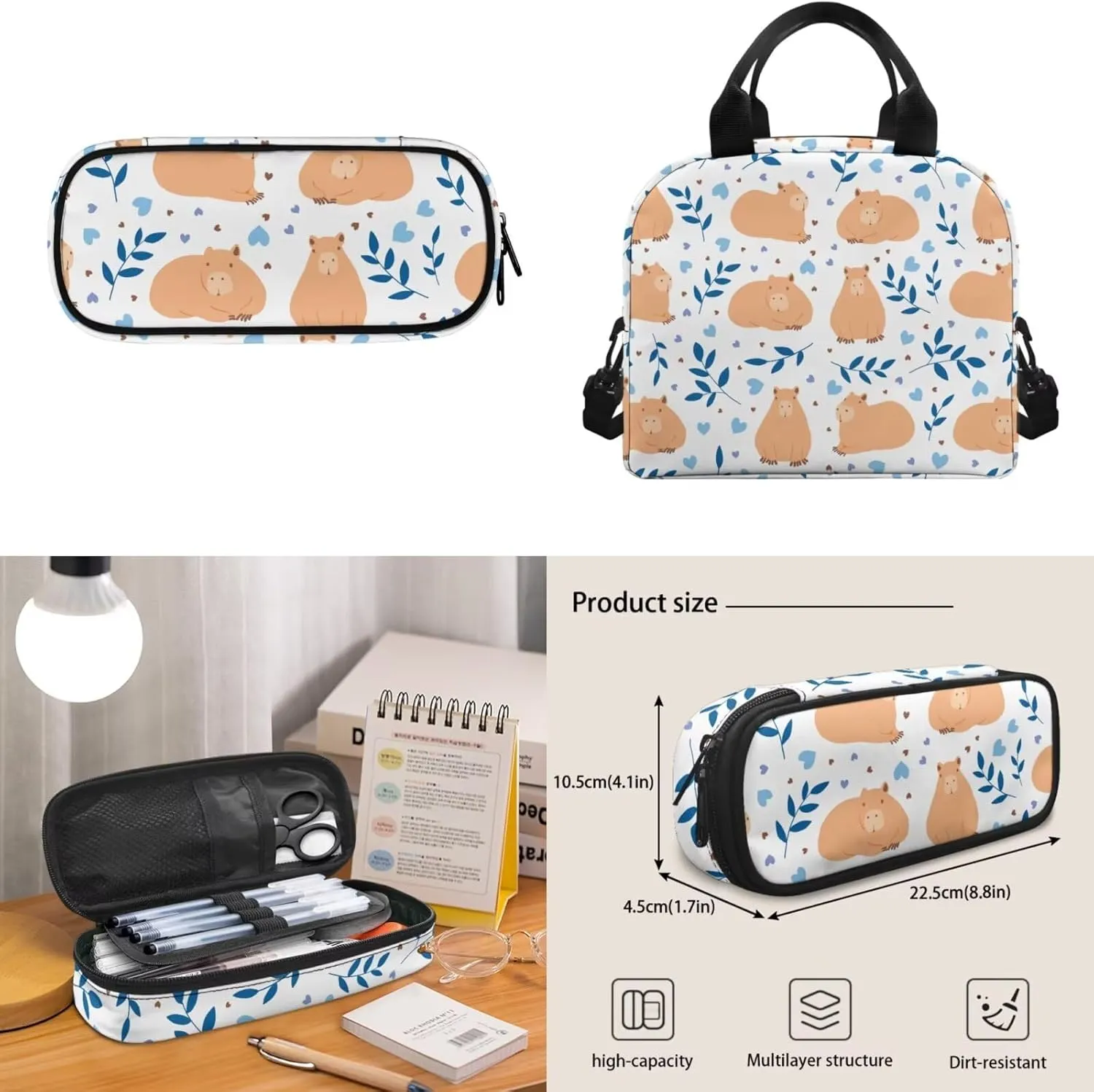 Kids 3 in 1 Backpack & Insulated Lunch Bag & Pencil Box 15'' Lovely Capybara Backpack in Unique Cool Prints for School & Travel Grammar School Lower