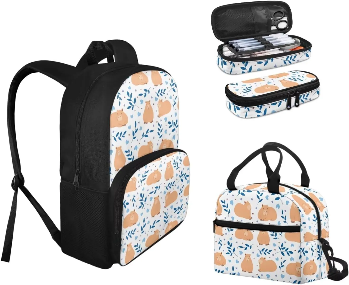 Kids 3 in 1 Backpack & Insulated Lunch Bag & Pencil Box 15'' Lovely Capybara Backpack in Unique Cool Prints for School & Travel Grammar School Lower