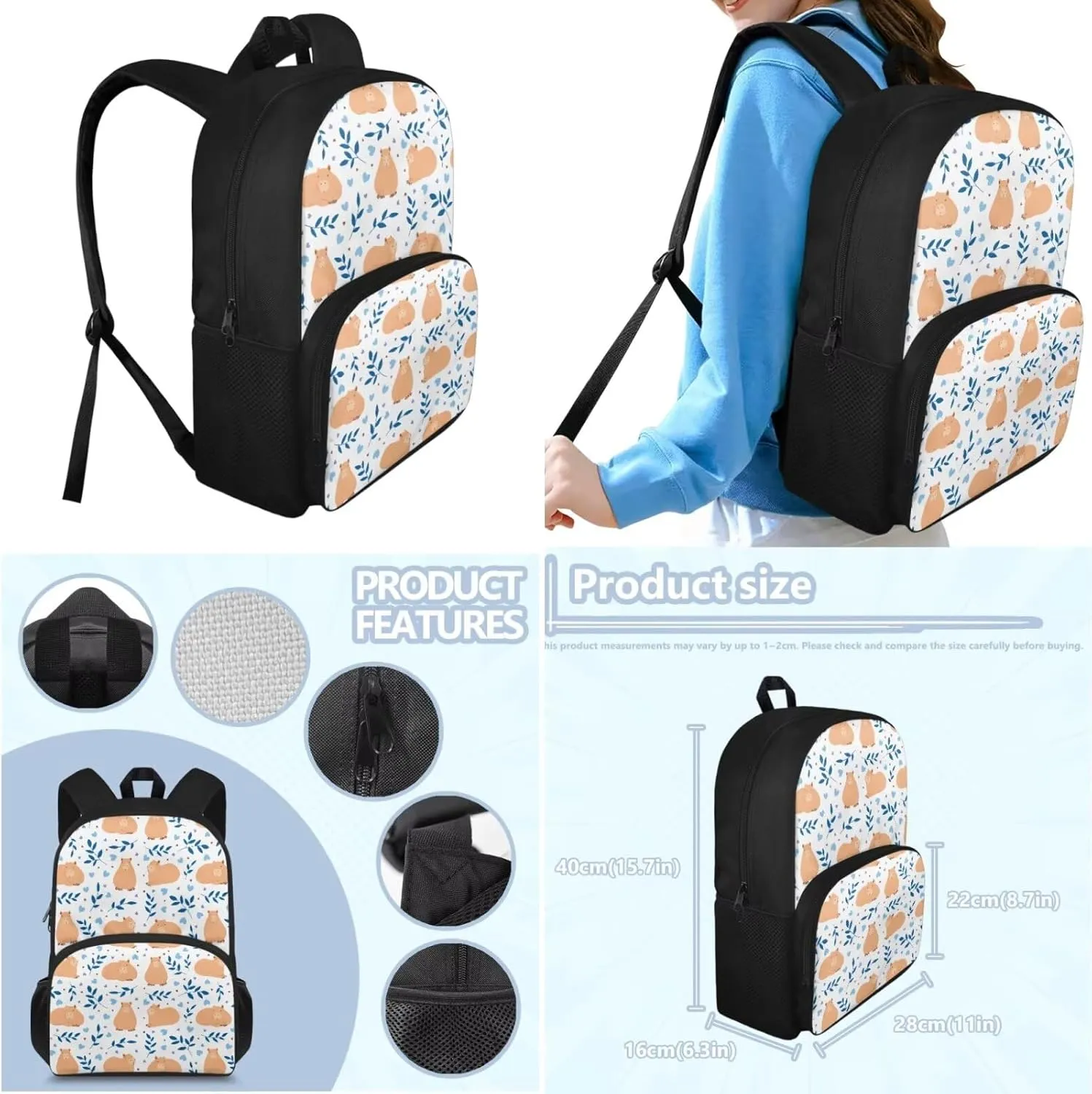 Kids 3 in 1 Backpack & Insulated Lunch Bag & Pencil Box 15'' Lovely Capybara Backpack in Unique Cool Prints for School & Travel Grammar School Lower