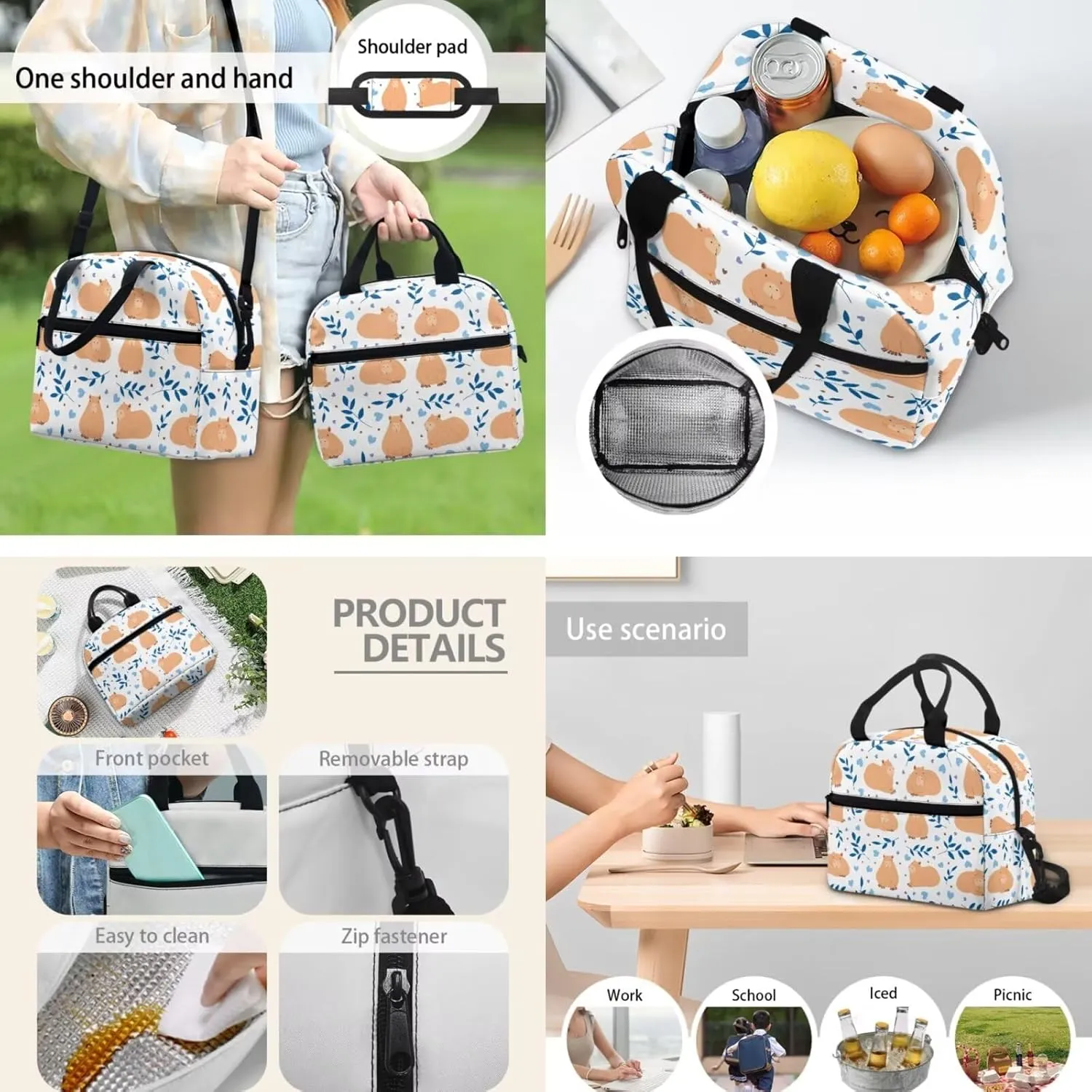 Kids 3 in 1 Backpack & Insulated Lunch Bag & Pencil Box 15'' Lovely Capybara Backpack in Unique Cool Prints for School & Travel Grammar School Lower