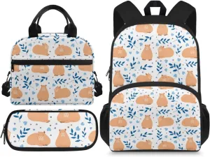 Kids 3 in 1 Backpack & Insulated Lunch Bag & Pencil Box 15'' Lovely Capybara Backpack in Unique Cool Prints for School & Travel Grammar School Lower