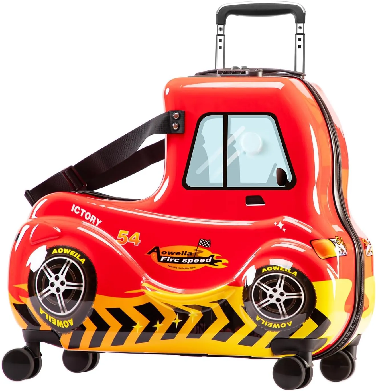 Kids Ride-On Luggage with Wheels Suitcase Fits to Toddler Aged 3-12 Years old Red Car Checked-Large 25-Inch