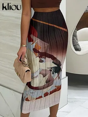 Kliou Vintage Print Skirt For Women Aesthetic Color Match Tie Dye High Street Style Attirewear High Waist Slim Female Clothing